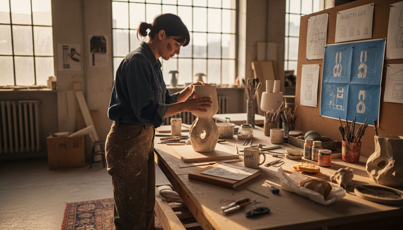 Un designer alle prese con la realizzazione di un prototipo di lampada nel suo studio.