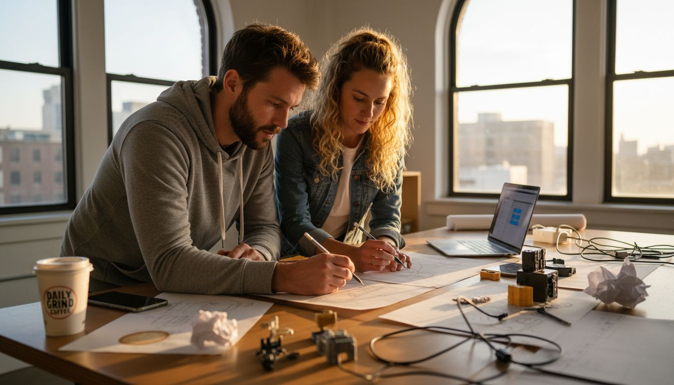 Startup founders sketching product designs in sunny office