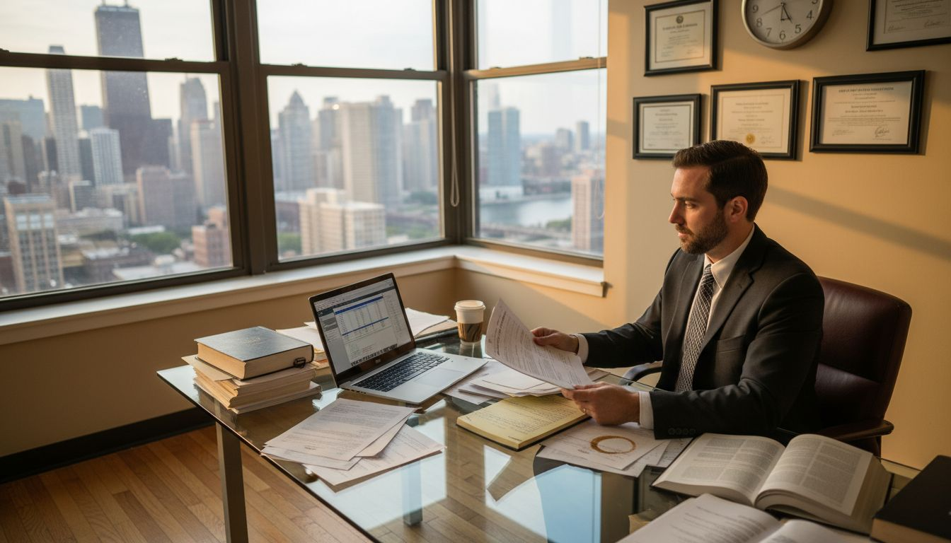 Attorney reviewing design rights documents in office