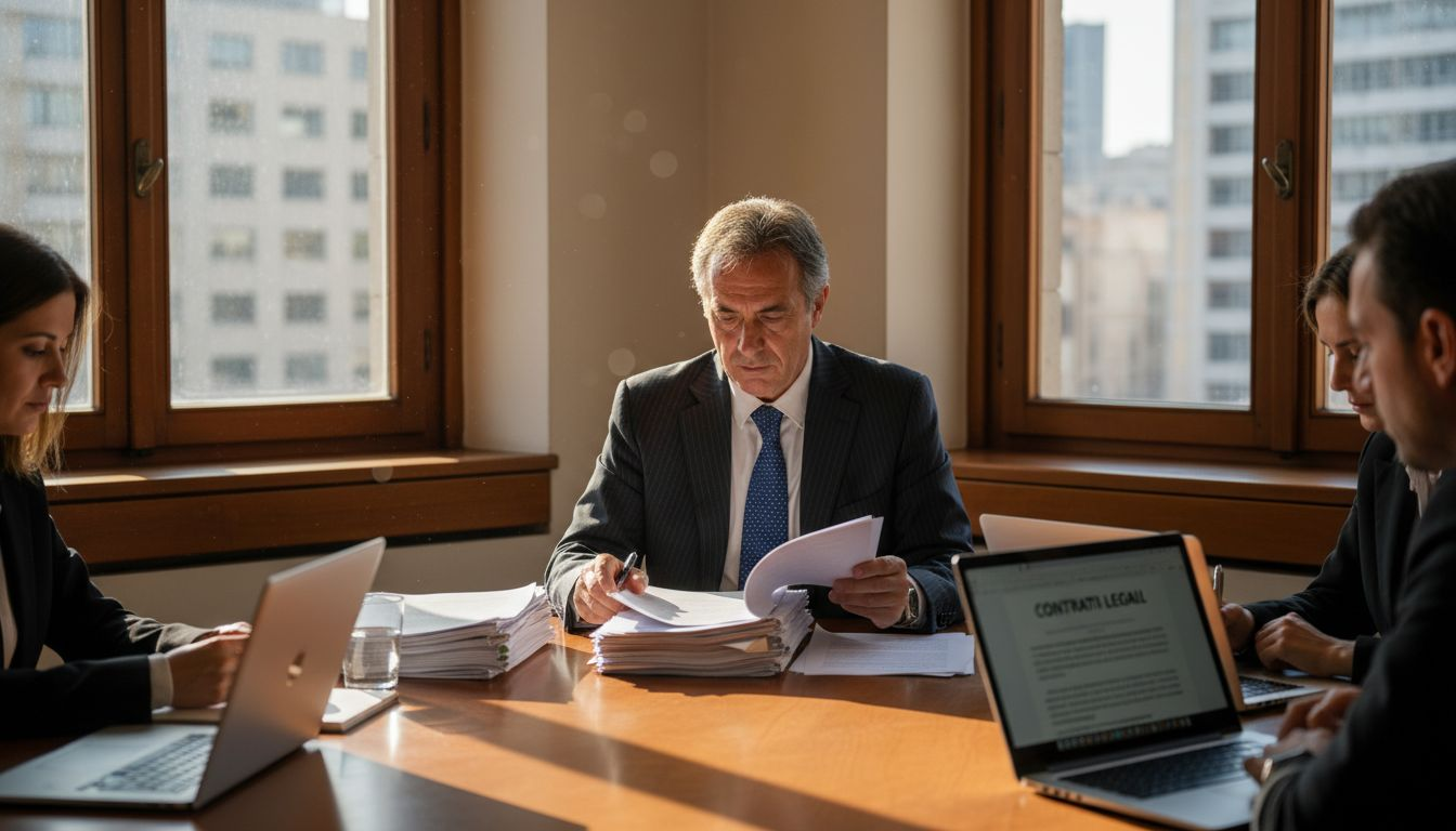 Consulenti legali impegnati nell’analisi di documenti contrattuali seduti attorno a un tavolo.
