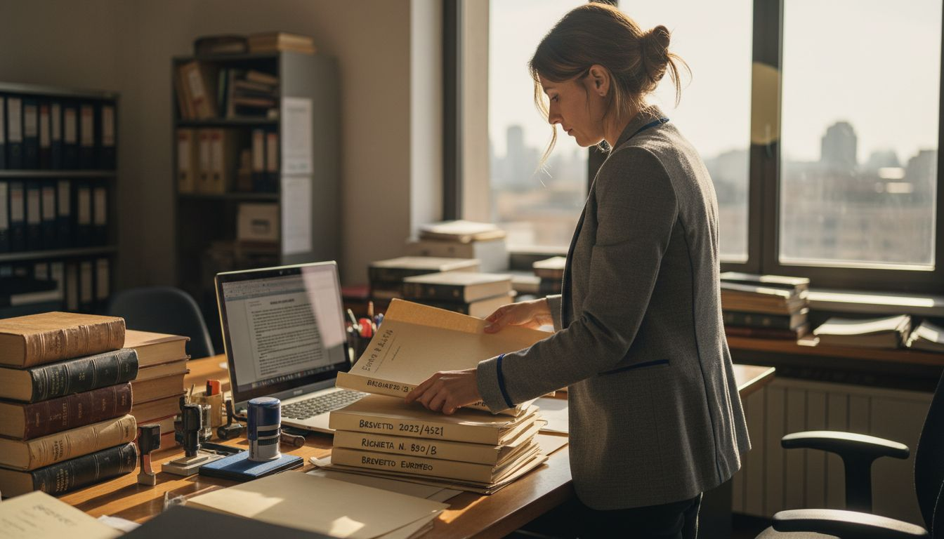 Un consulente che organizza i fascicoli dei brevetti nello studio legale.
