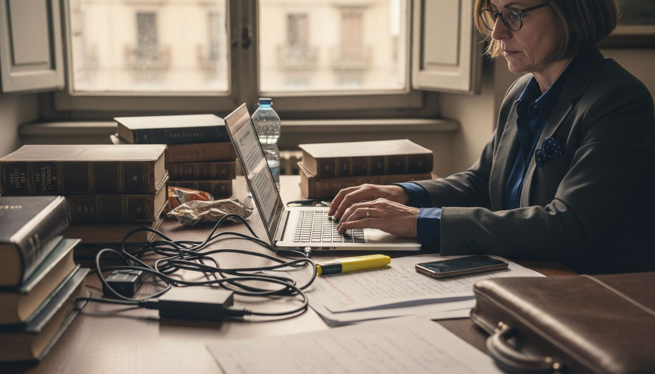 Avvocato immerso nello studio della normativa sull’intelligenza artificiale, circondato da pile di documenti sparsi sulla scrivania