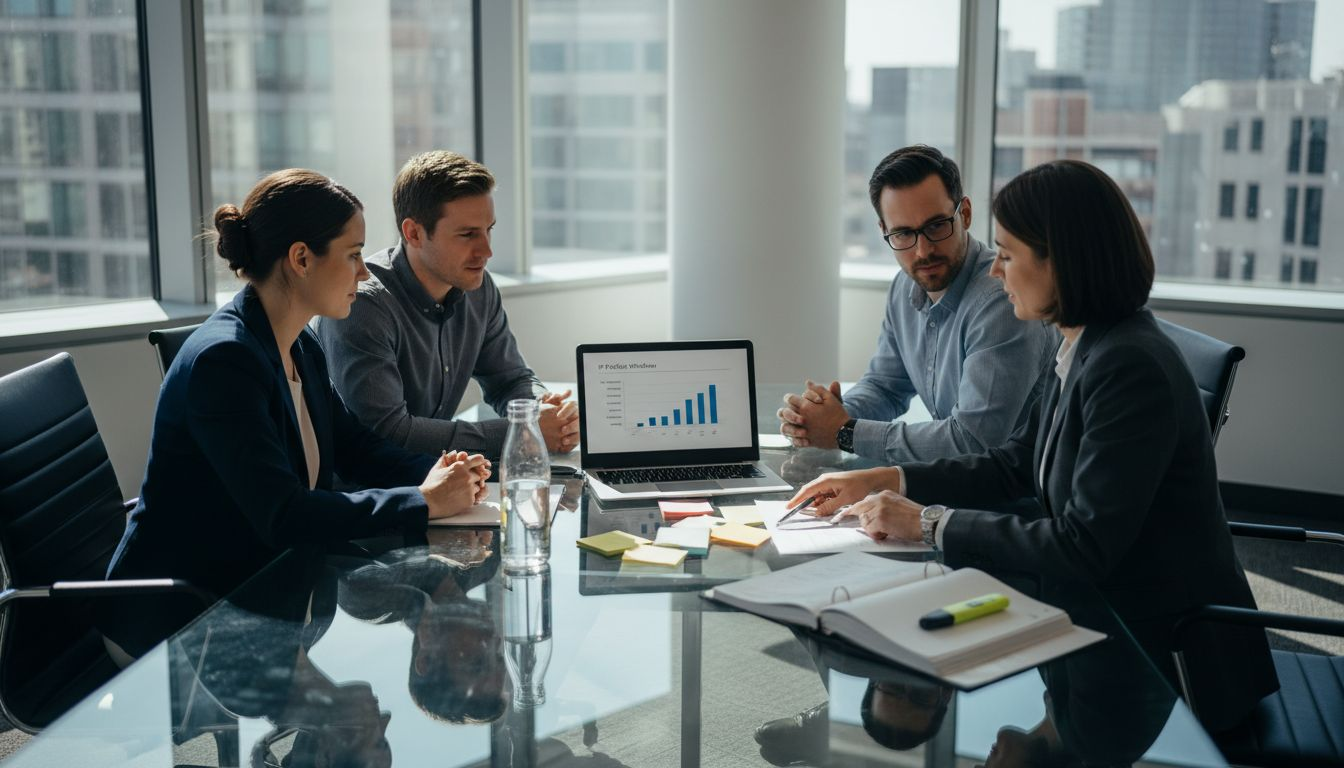 Tech and legal team meeting in corner office