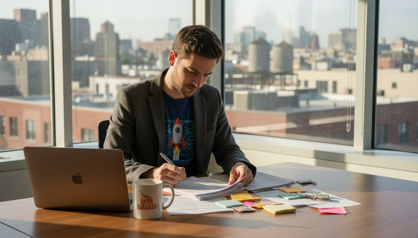 Tech entrepreneur reviewing patent paperwork at office desk