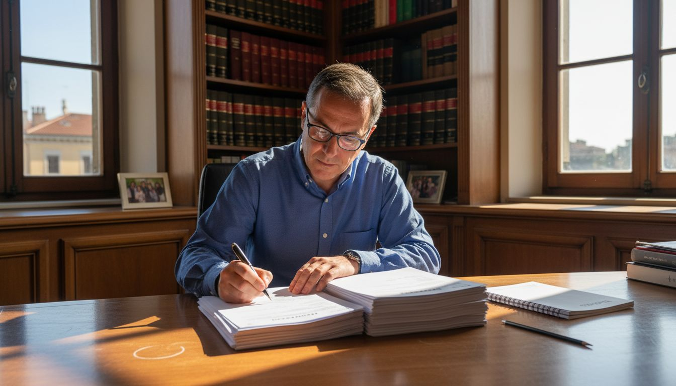 Dirigente che firma documenti nel suo ufficio legale illuminato dalla luce del sole