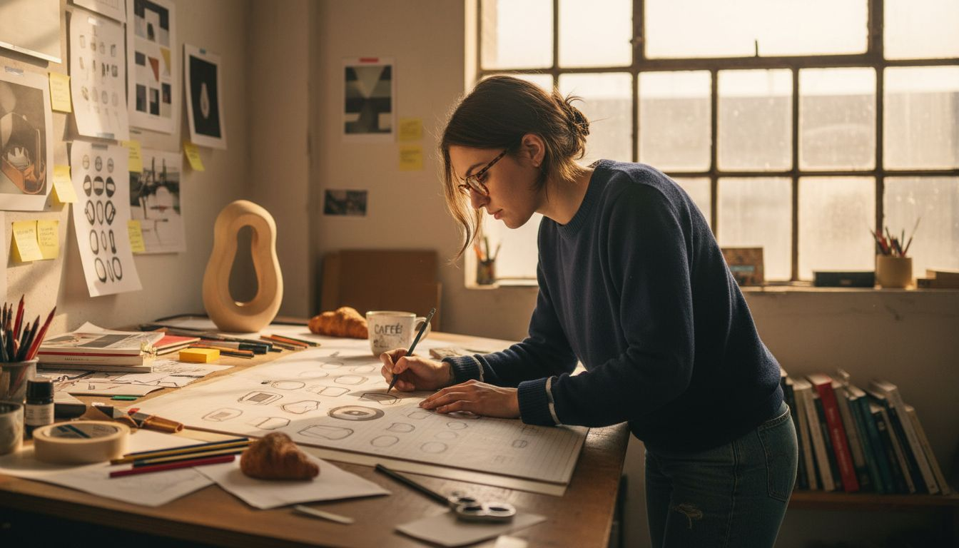 Un designer industriale alle prese con schizzi e bozzetti, mentre lavora su un tavolo da disegno pieno di fogli e strumenti sparsi.