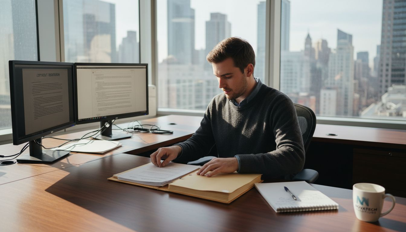 Tech innovator reviewing copyright documents in office