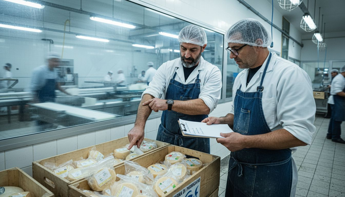 Addetti del caseificio intenti a controllare la qualità dei formaggi