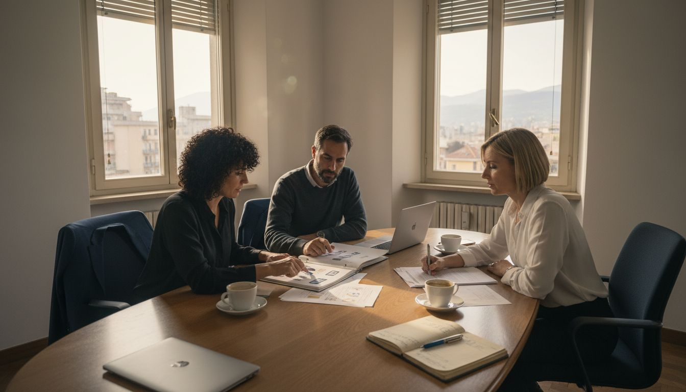 Alcuni colleghi si confrontano su dei documenti durante una riunione in ufficio.