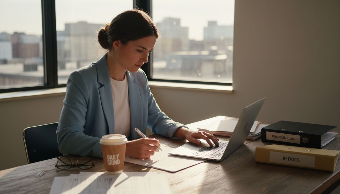 Startup founder registering intellectual property at office