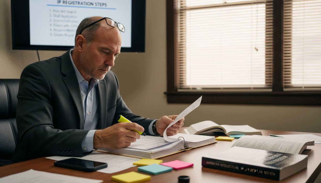 Attorney reviewing intellectual property application documents