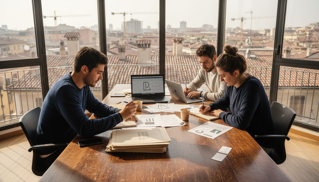 I fondatori di una startup stanno progettando insieme nuove idee per il brand durante una riunione, tra schizzi e brainstorming creativo.