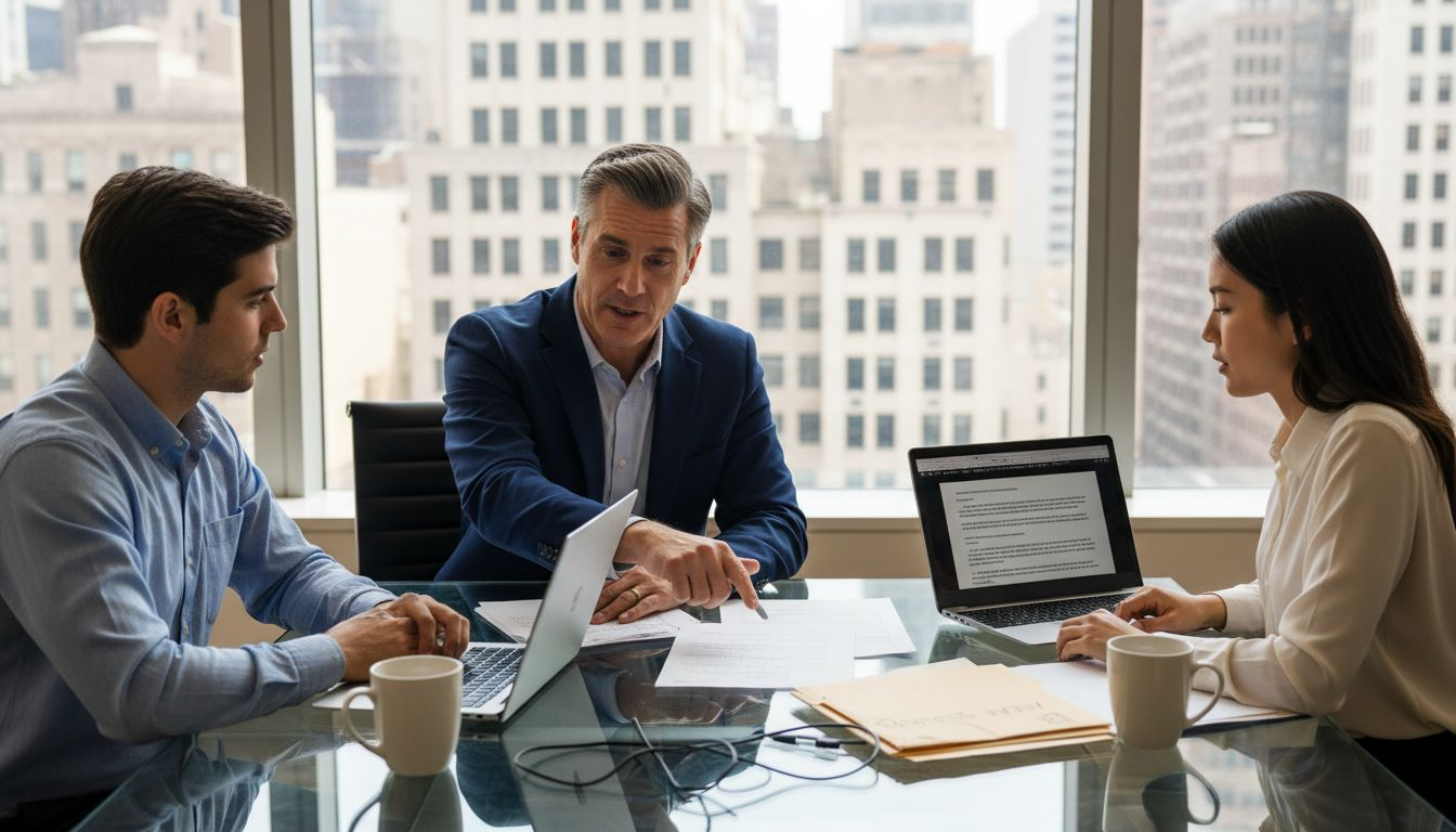 Attorney and team discuss technology law in office