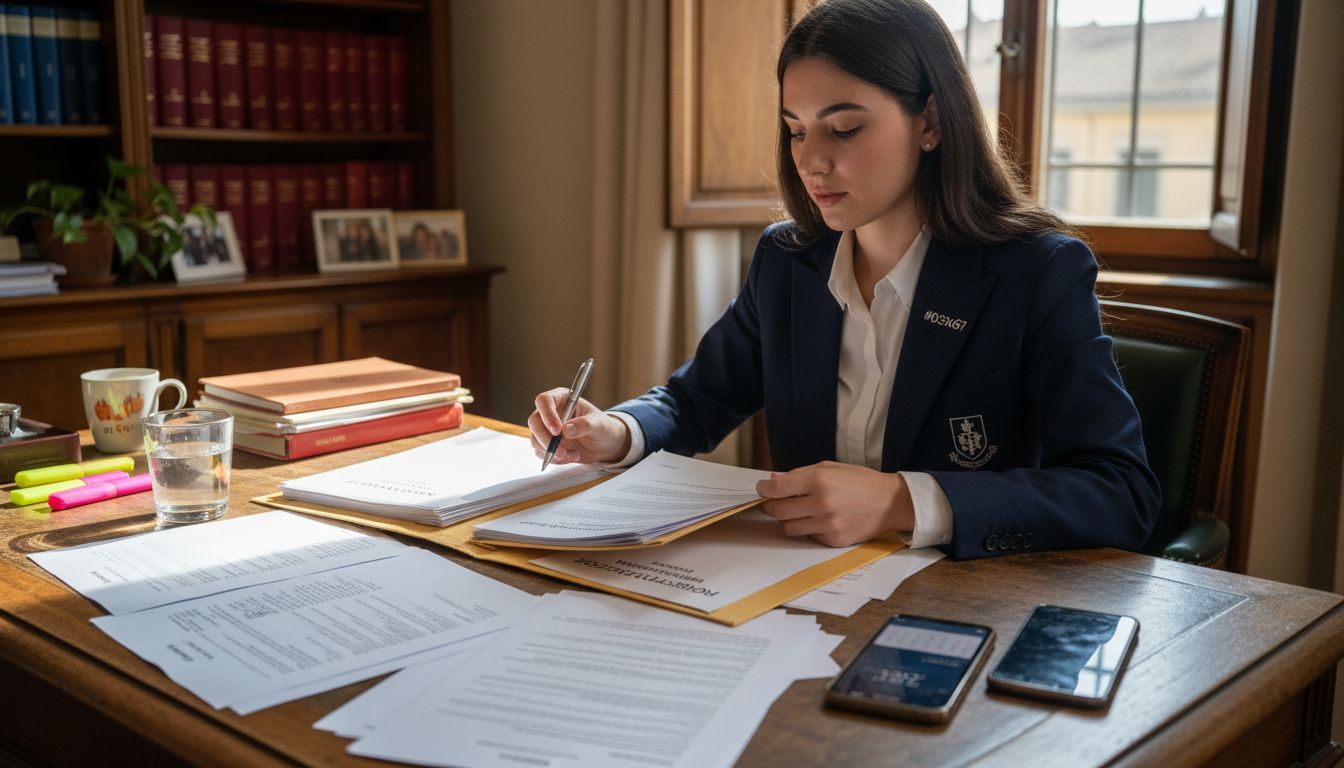 Avvocato impegnato nella stesura della documentazione necessaria per la registrazione di un marchio.