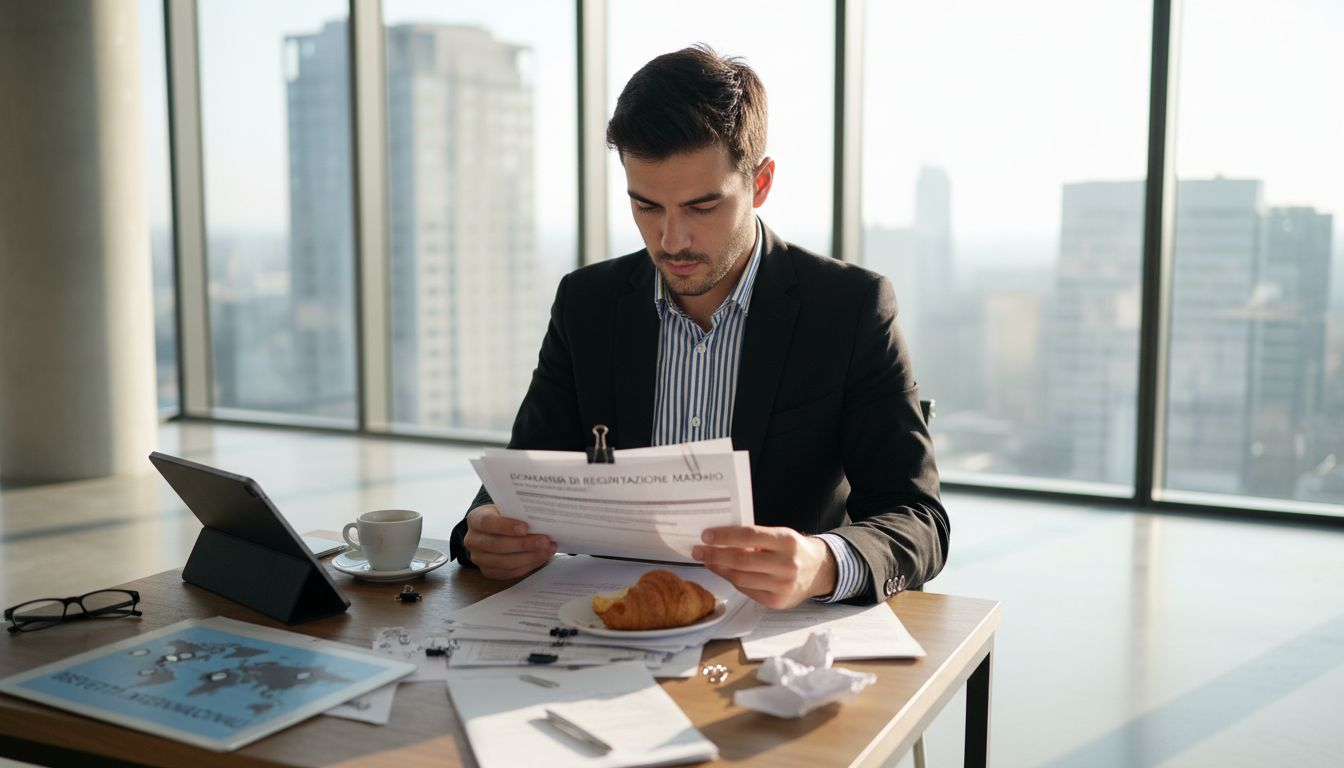 Imprenditore che controlla la documentazione per la registrazione del marchio