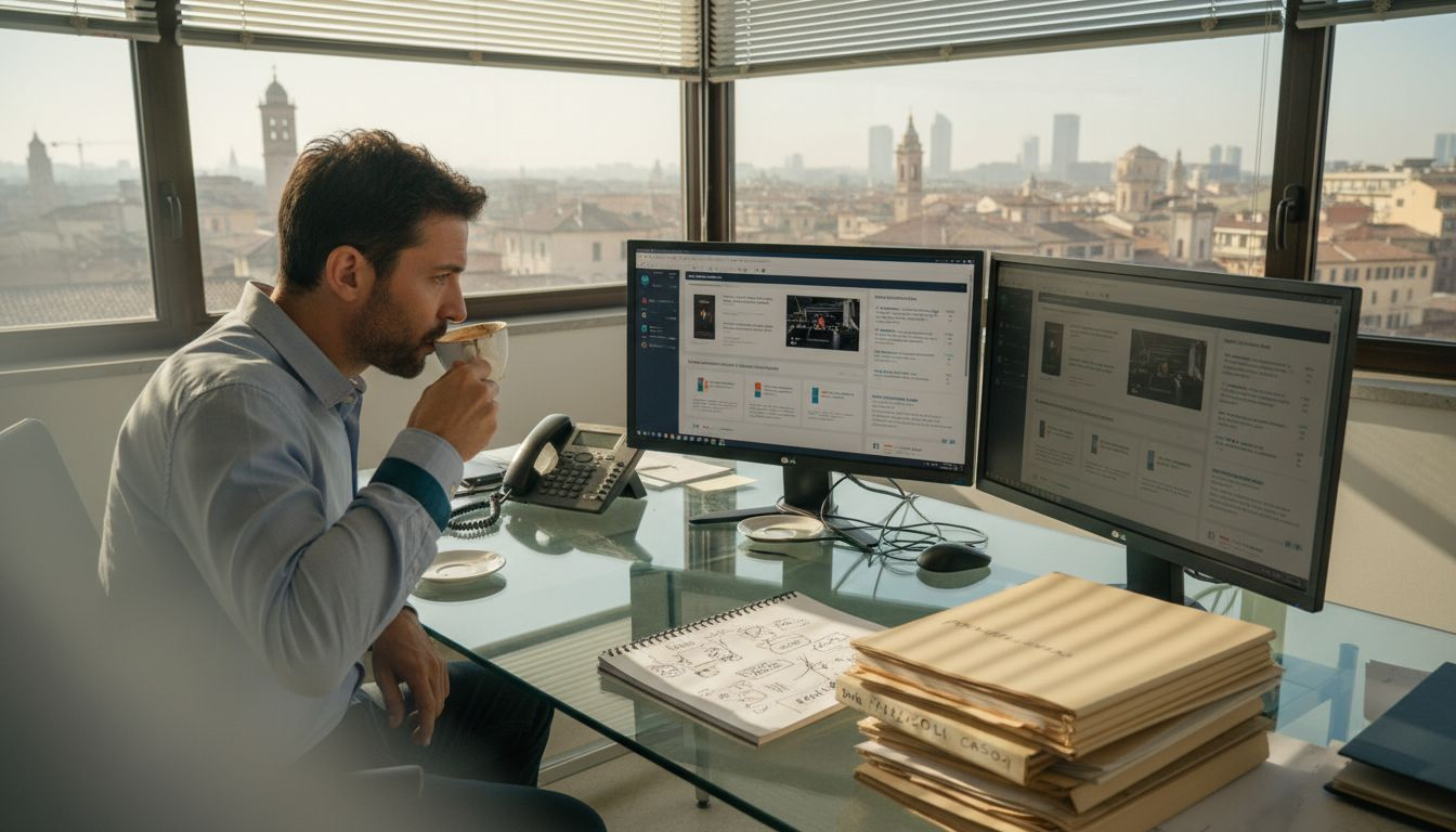 Un manager al lavoro che monitora la reputazione del brand online direttamente dalla sua scrivania.