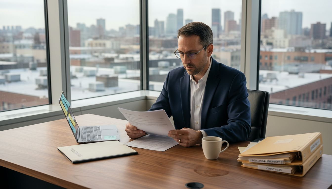 Attorney reviews patent in city office