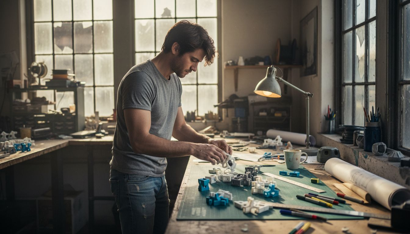 Designer examines 3D prototypes at workbench