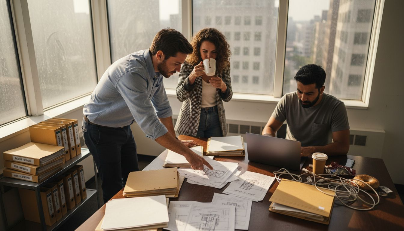 Startup founders review patent documents in office