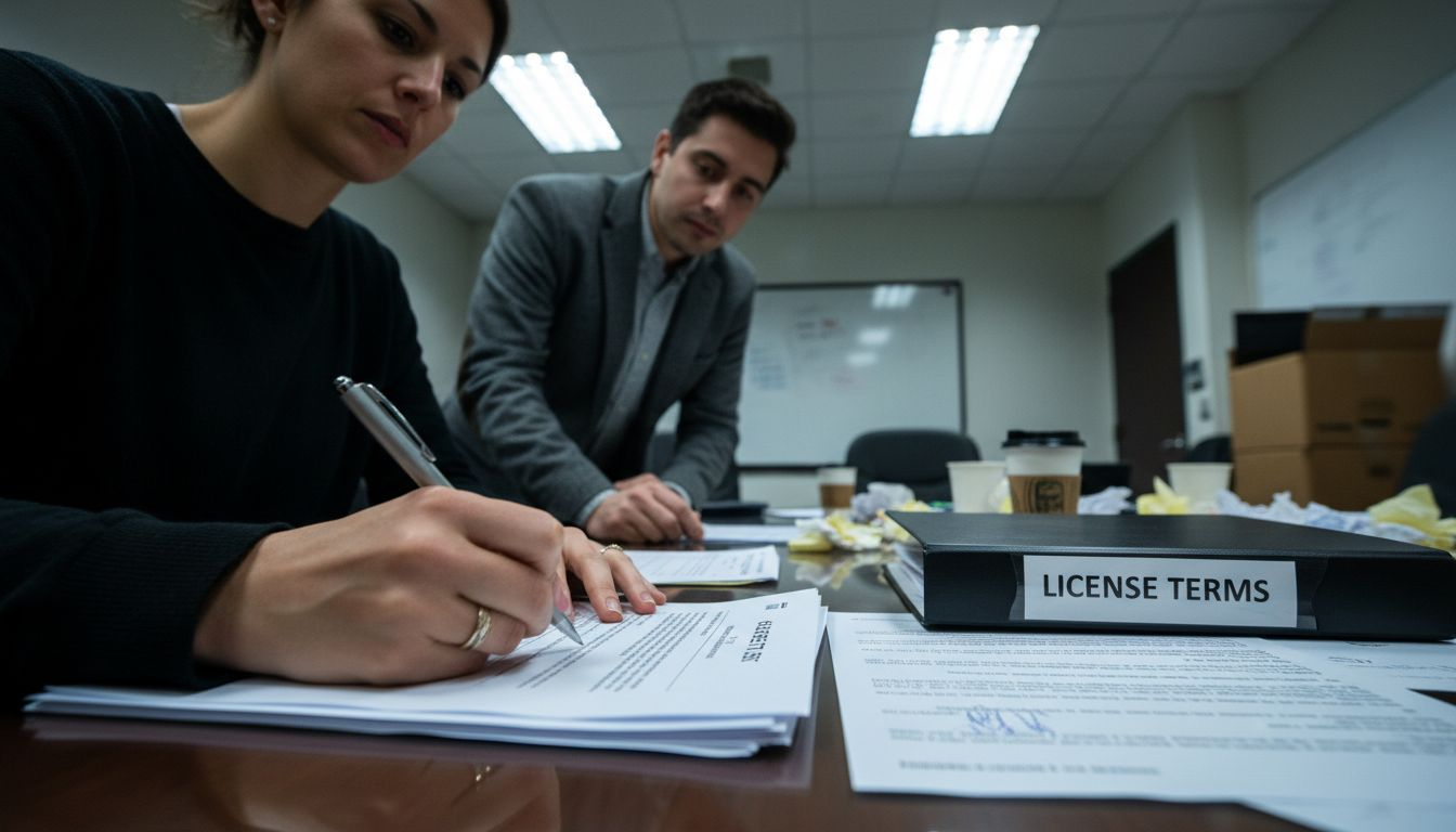 Signing patent licensing agreement at table