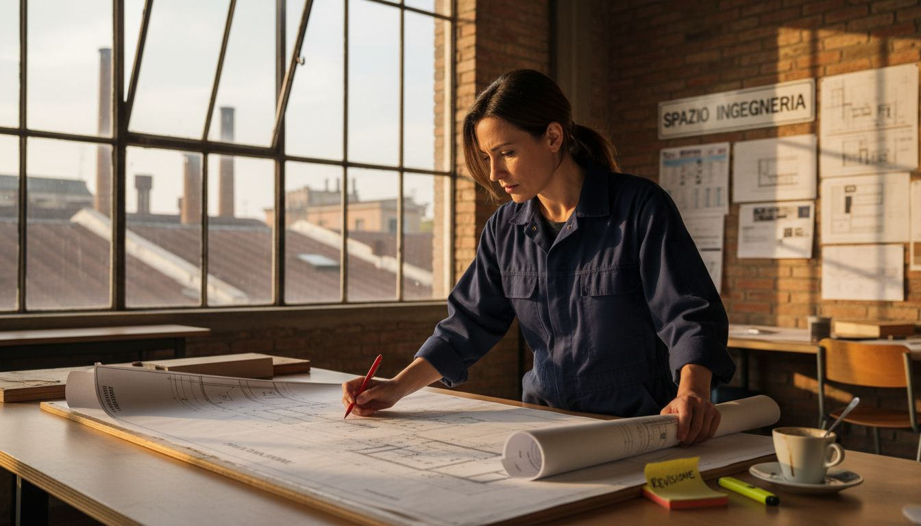 Un ingegnere sta esaminando i disegni tecnici di un brevetto per verificarne i dettagli e le soluzioni innovative.