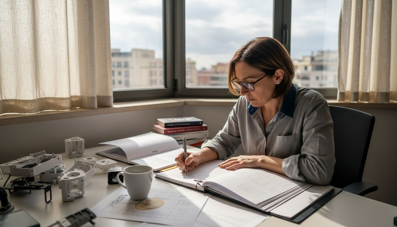 Una donna esamina dei documenti relativi a brevetti mentre lavora in ufficio.