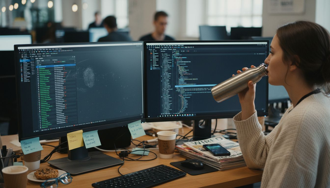 Developer reviewing IP dashboard on monitors