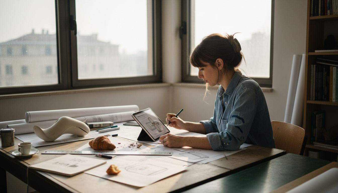 Un designer esamina attentamente alcuni schizzi nel suo ufficio moderno, alla ricerca della soluzione creativa migliore.