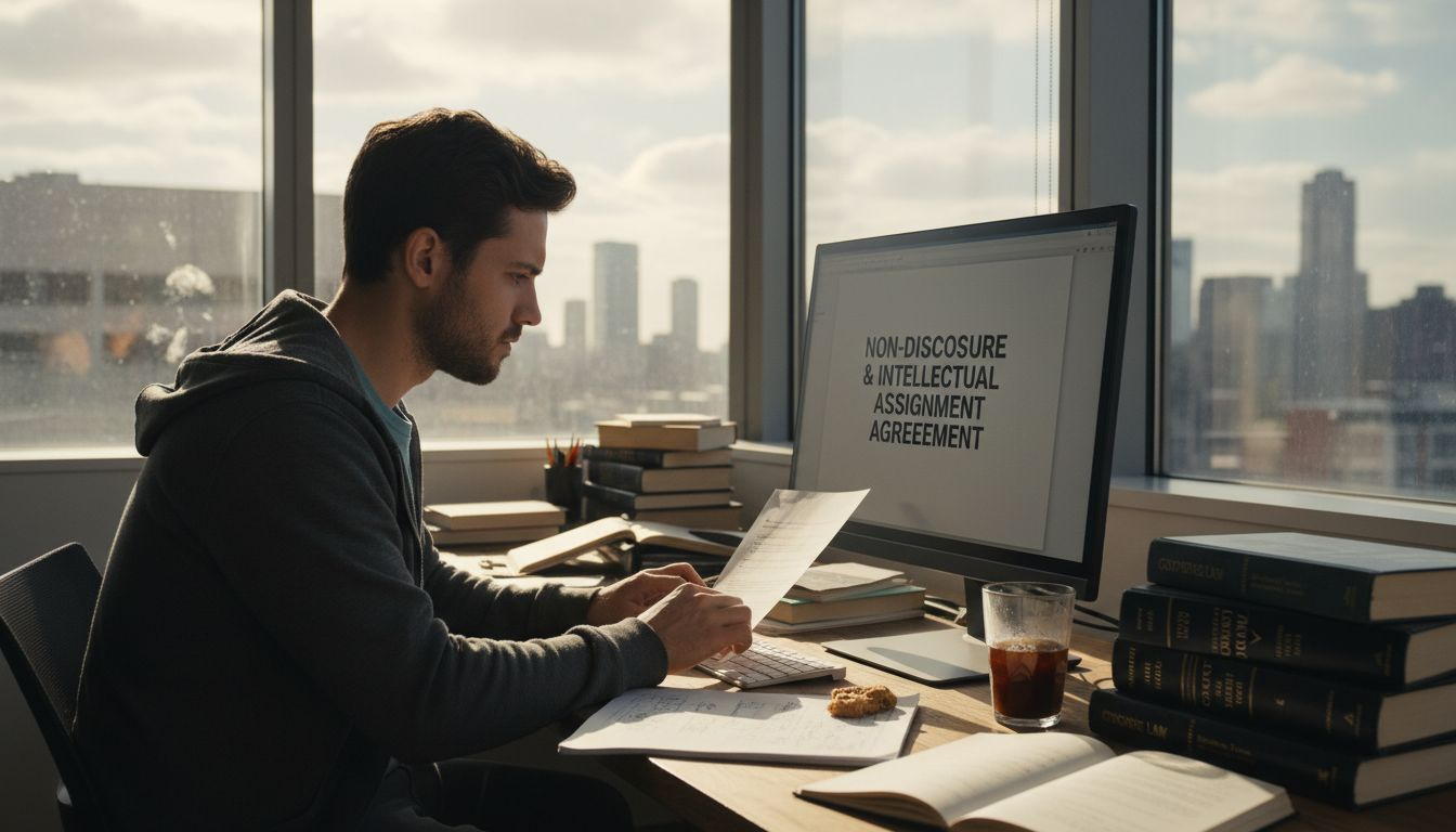 Startup founder reviewing copyright risks at desk