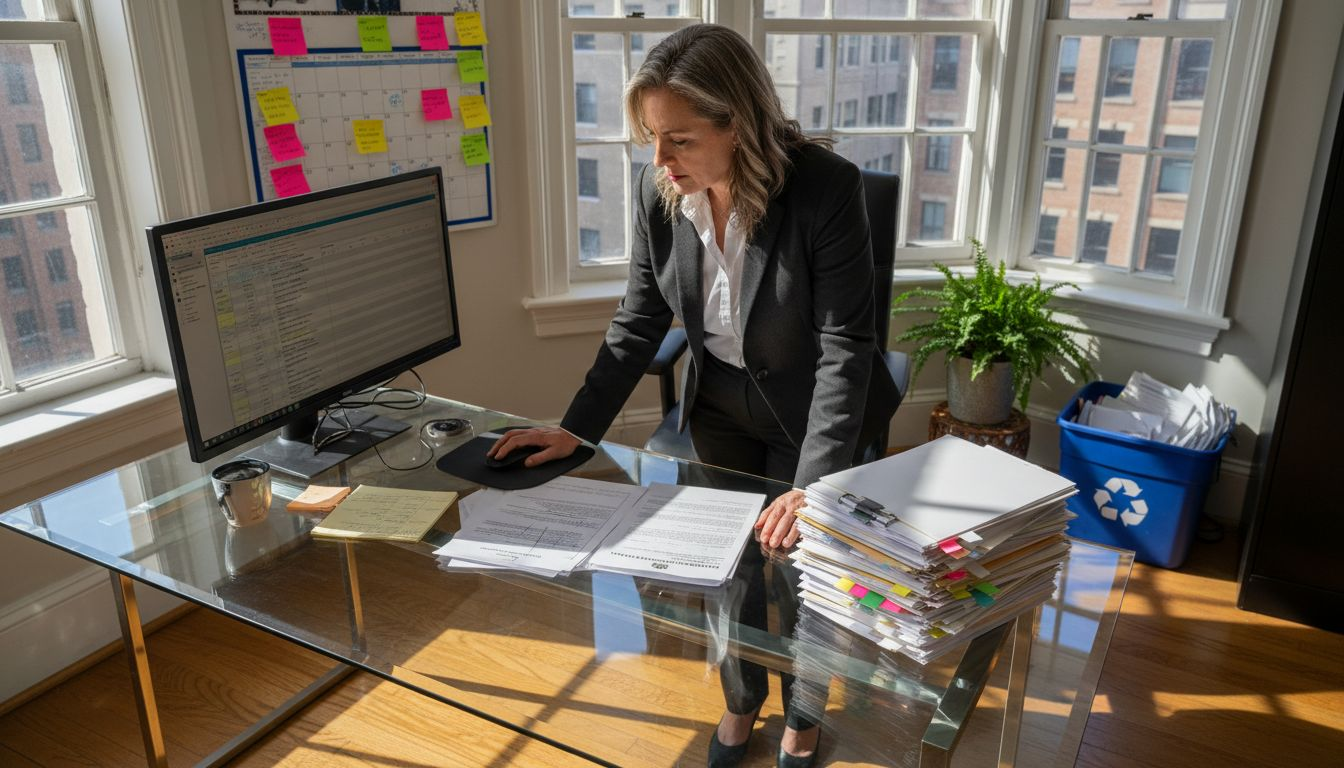 Manager reviews intellectual property documents in office