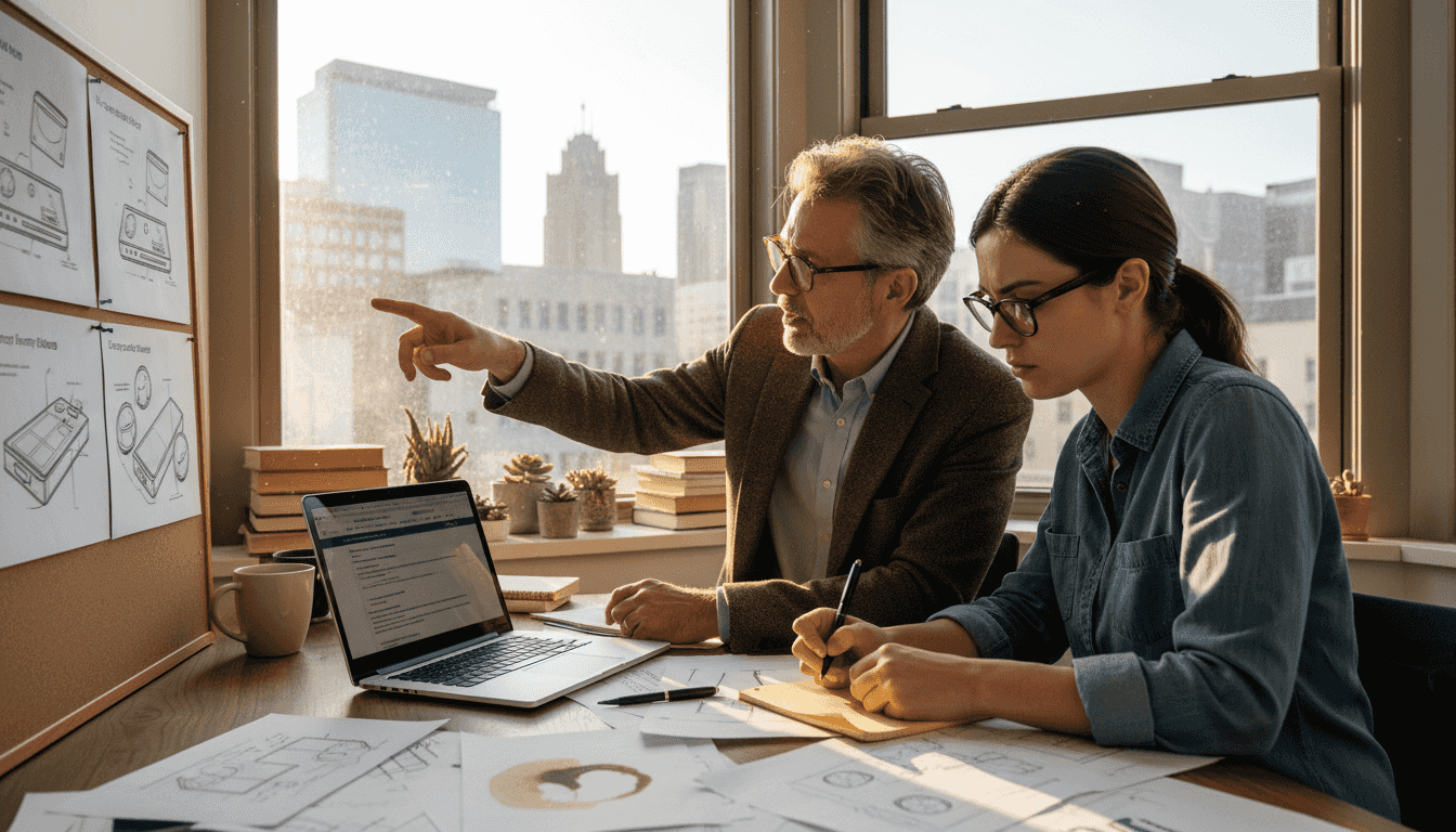 Attorney and founder reviewing design registration documents
