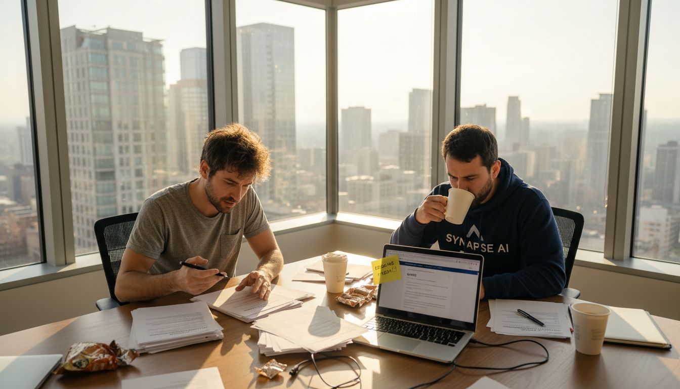 Startup founders reviewing trademark paperwork in city office