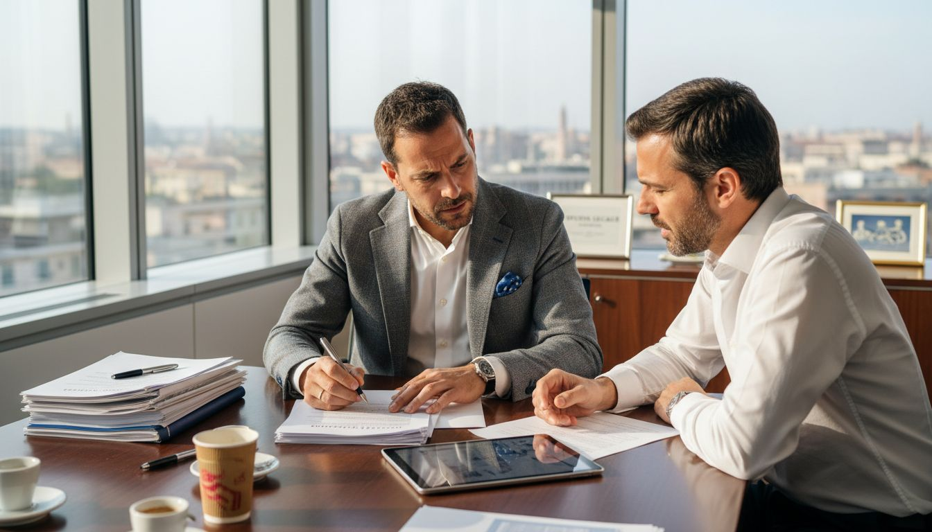 Esperti al lavoro in ufficio mentre esaminano documenti brevettuali