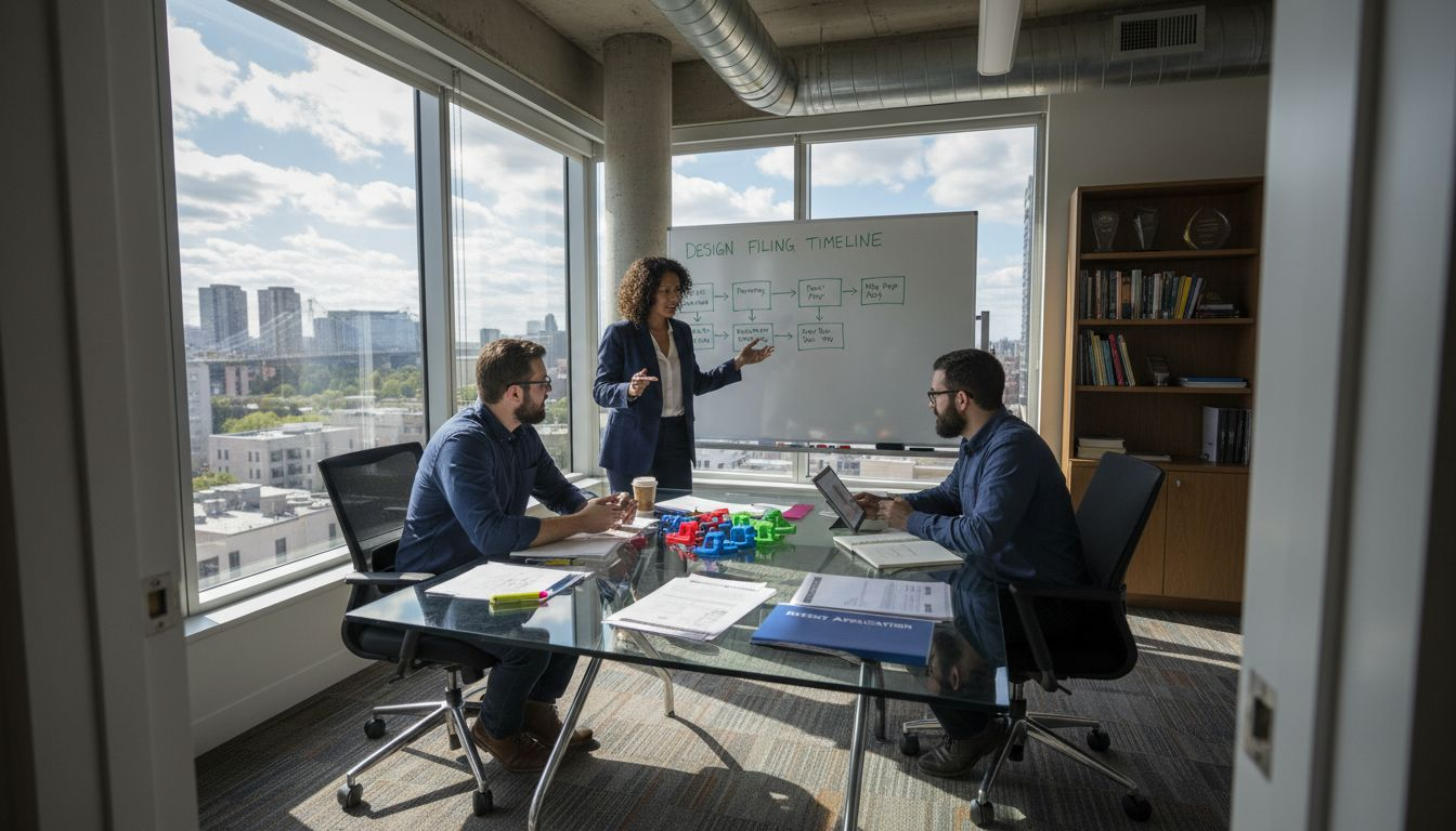 Design team reviewing prototypes in office