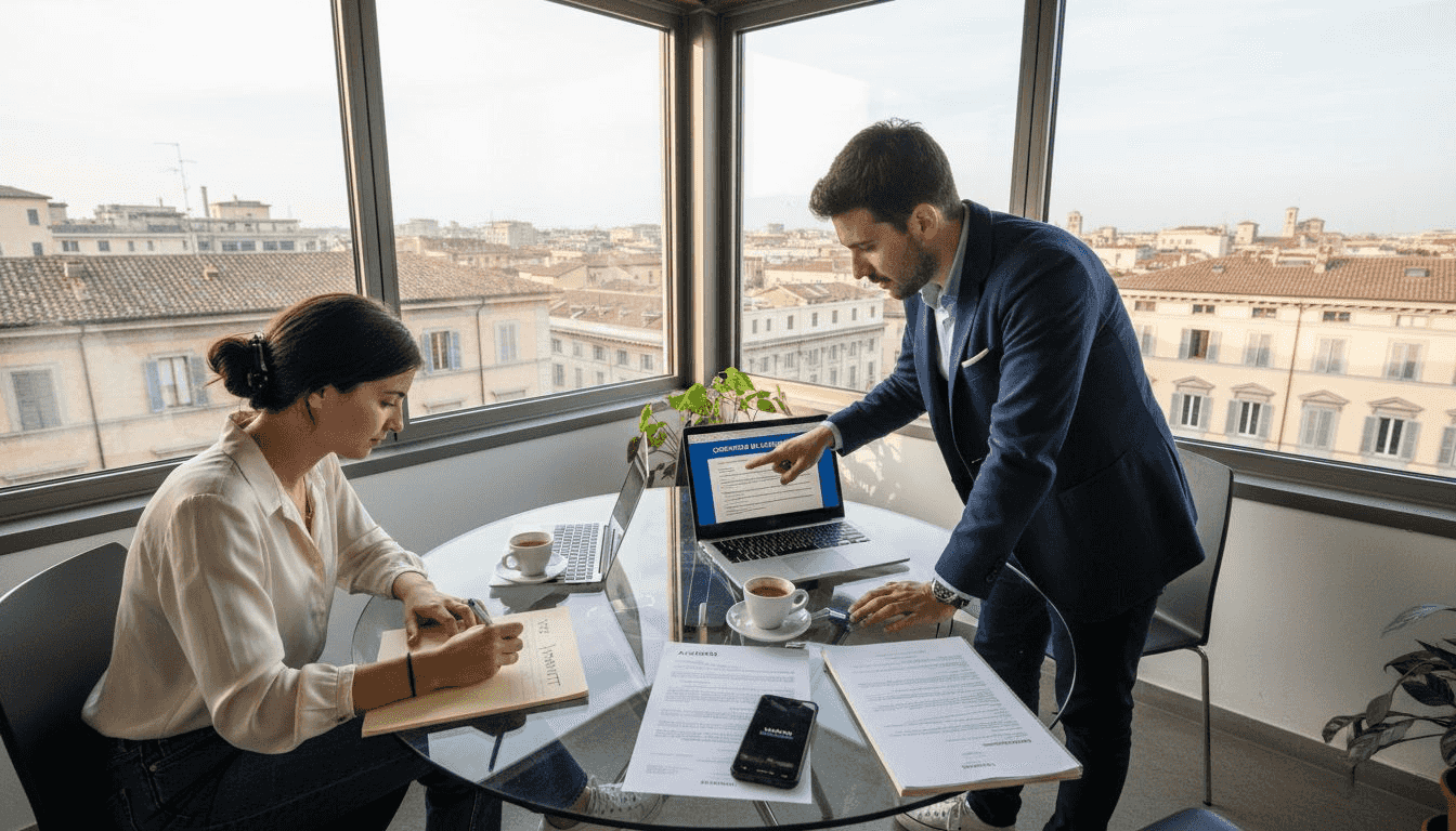Riunione del team legale in un ufficio direzionale, tra fascicoli e computer portatili.