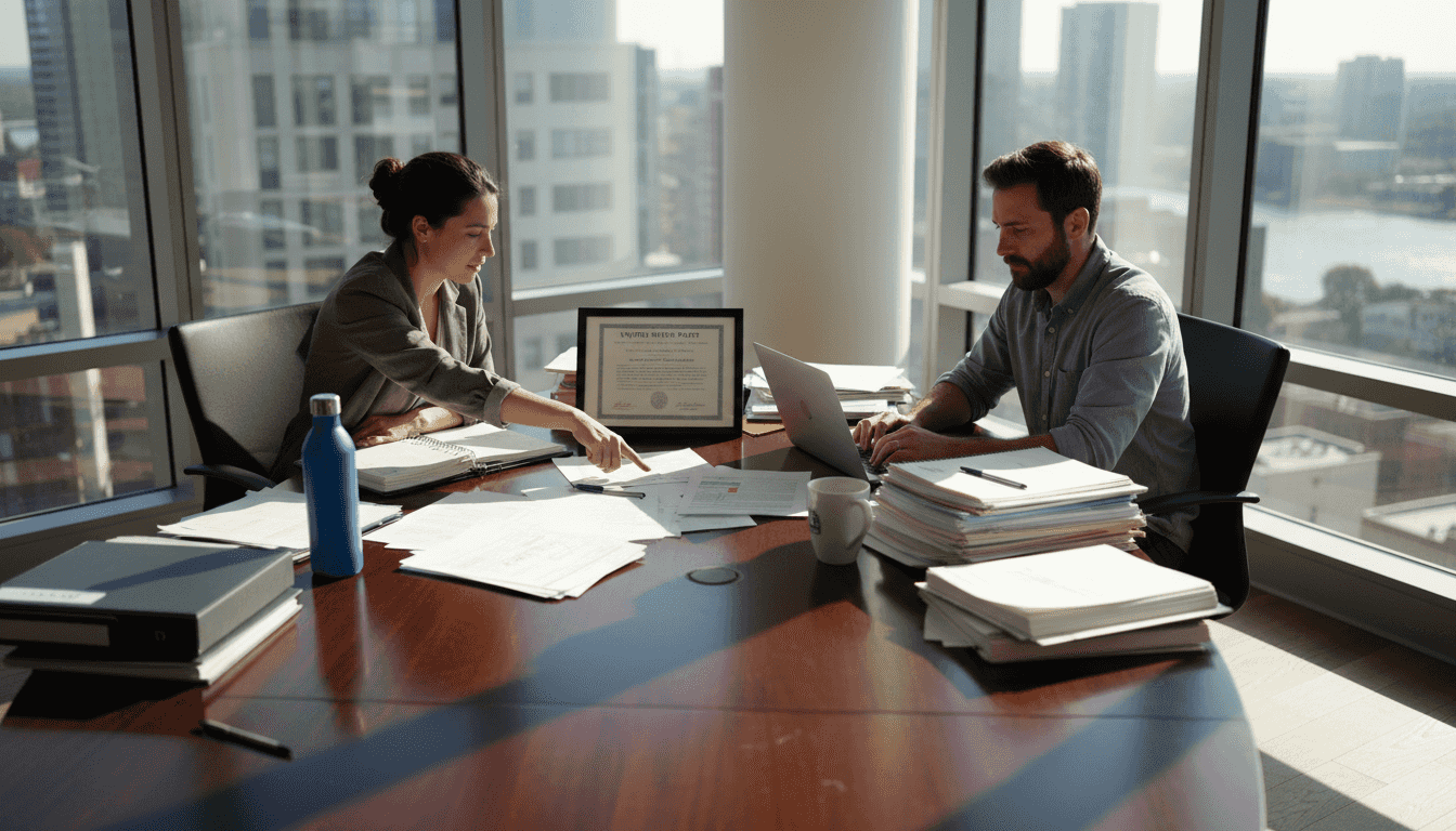 Startup founders discussing patent paperwork