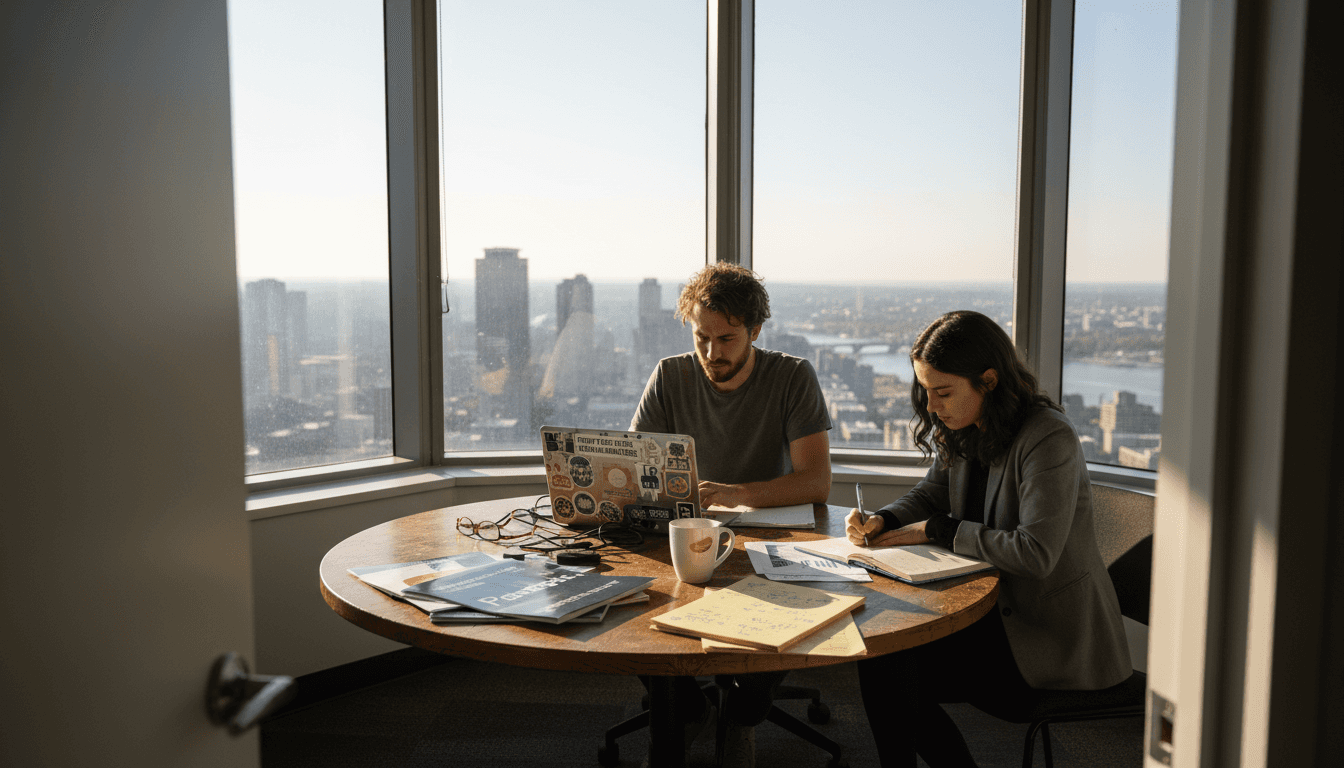 Startup founders reviewing patent documents