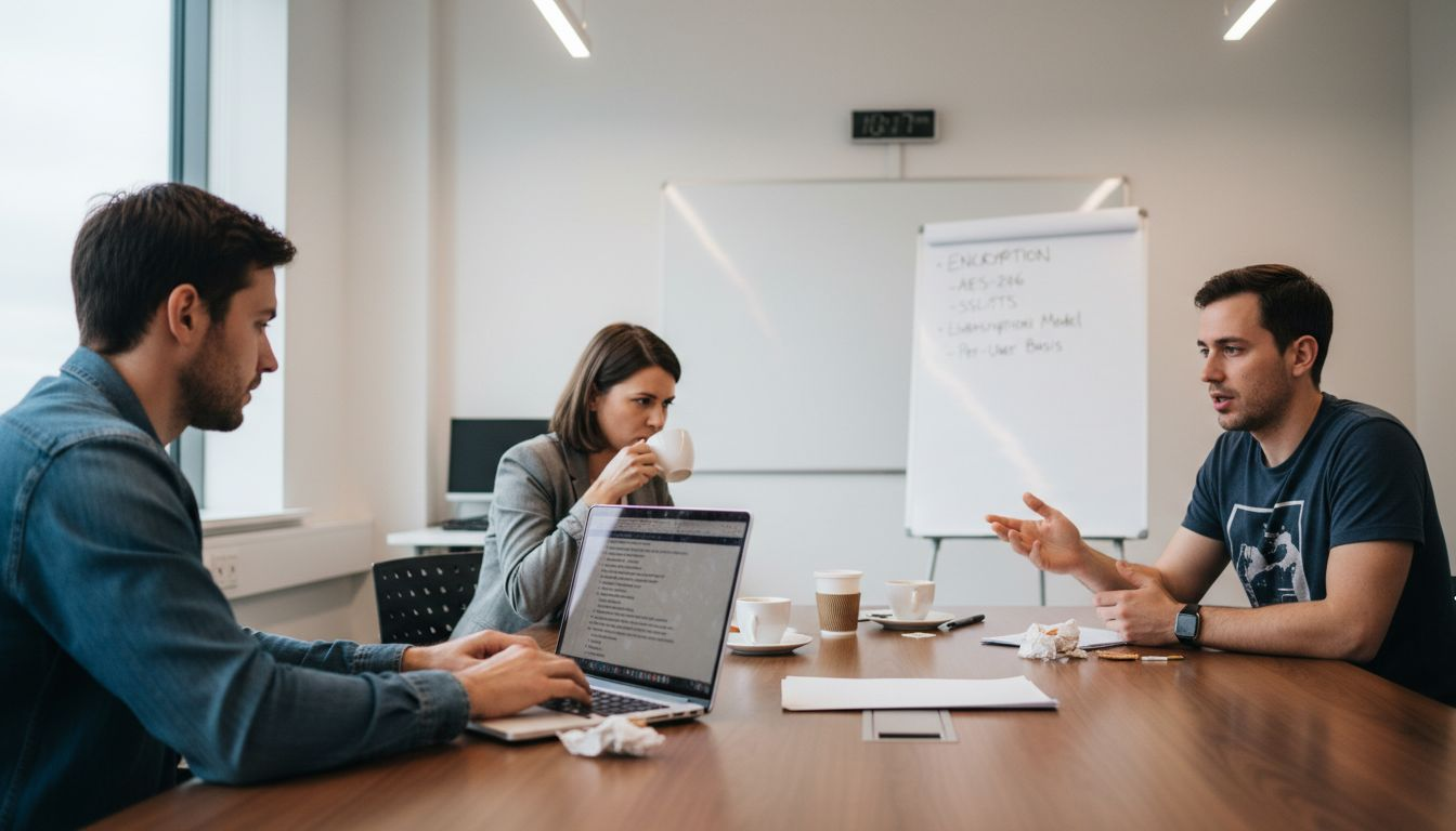 Team collaborating about DRM strategies during meeting