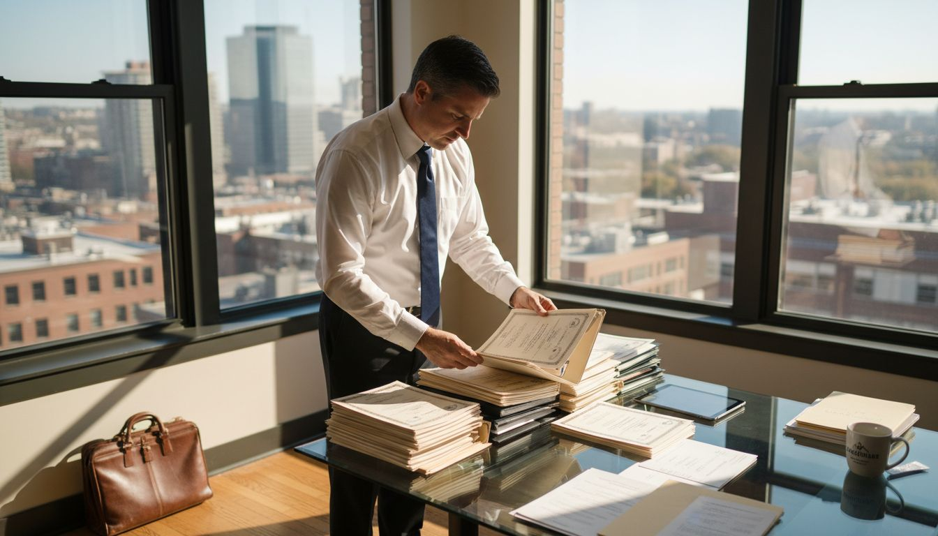 Attorney reviewing copyright certificates in corner office