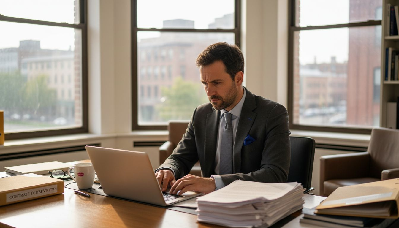Un avvocato esamina attentamente dei documenti nel suo studio, concentrandosi sui dettagli per offrire la migliore consulenza ai clienti.