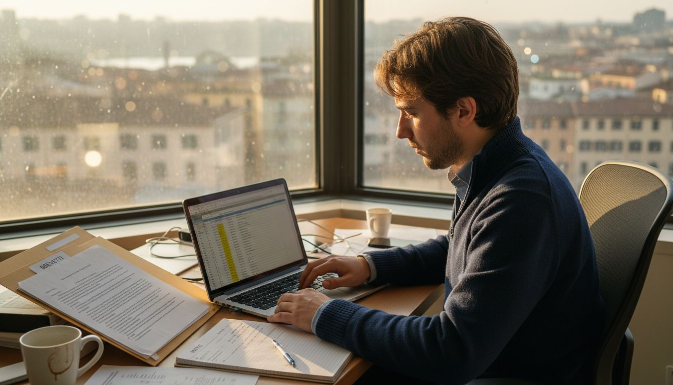 Imprenditore tecnologico impegnato nella stesura di documenti per il deposito di brevetti