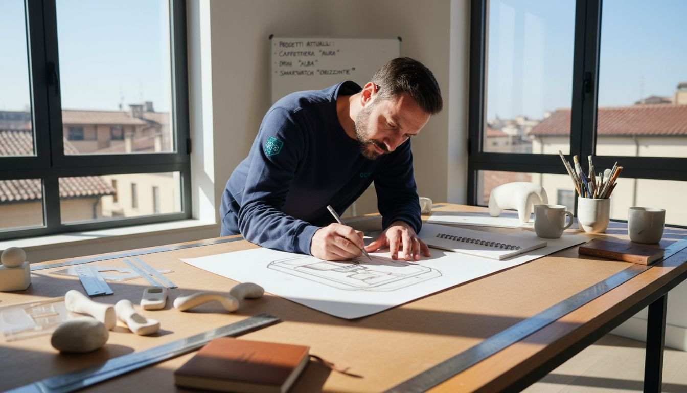 Designer industriale al lavoro sulla scrivania mentre abbozza un nuovo concept di prodotto