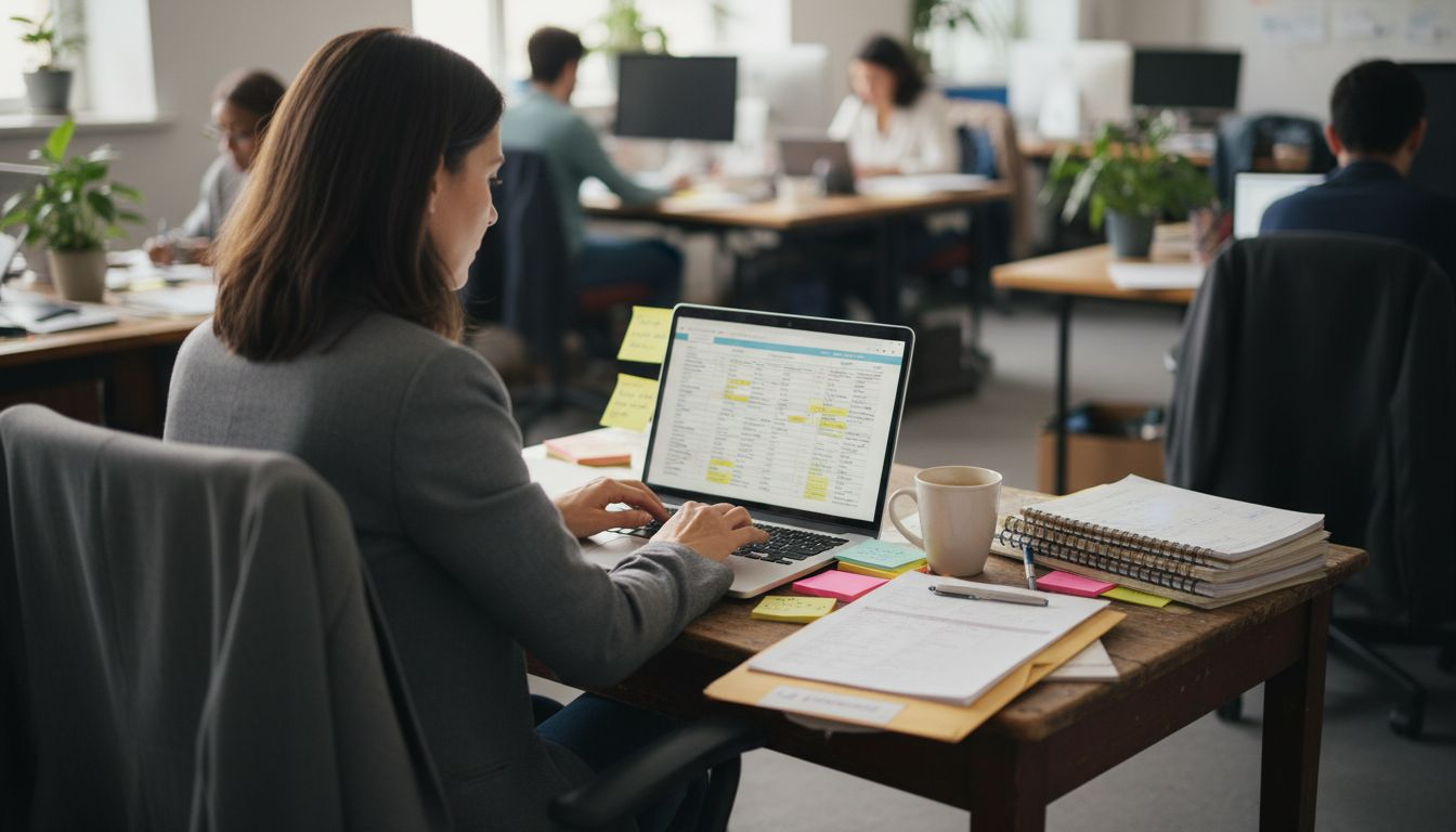 Woman updates IP inventory spreadsheet at desk