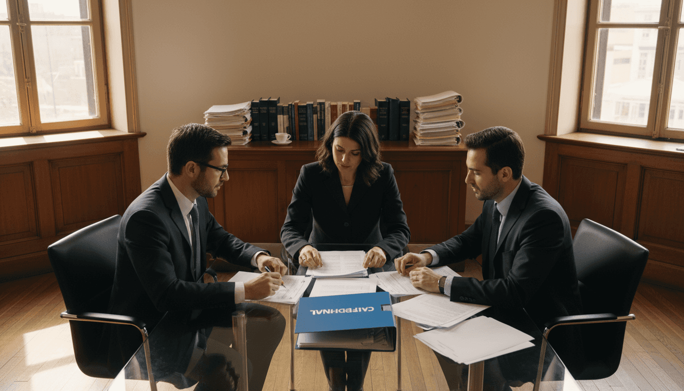 Business team reviews patent folders in office