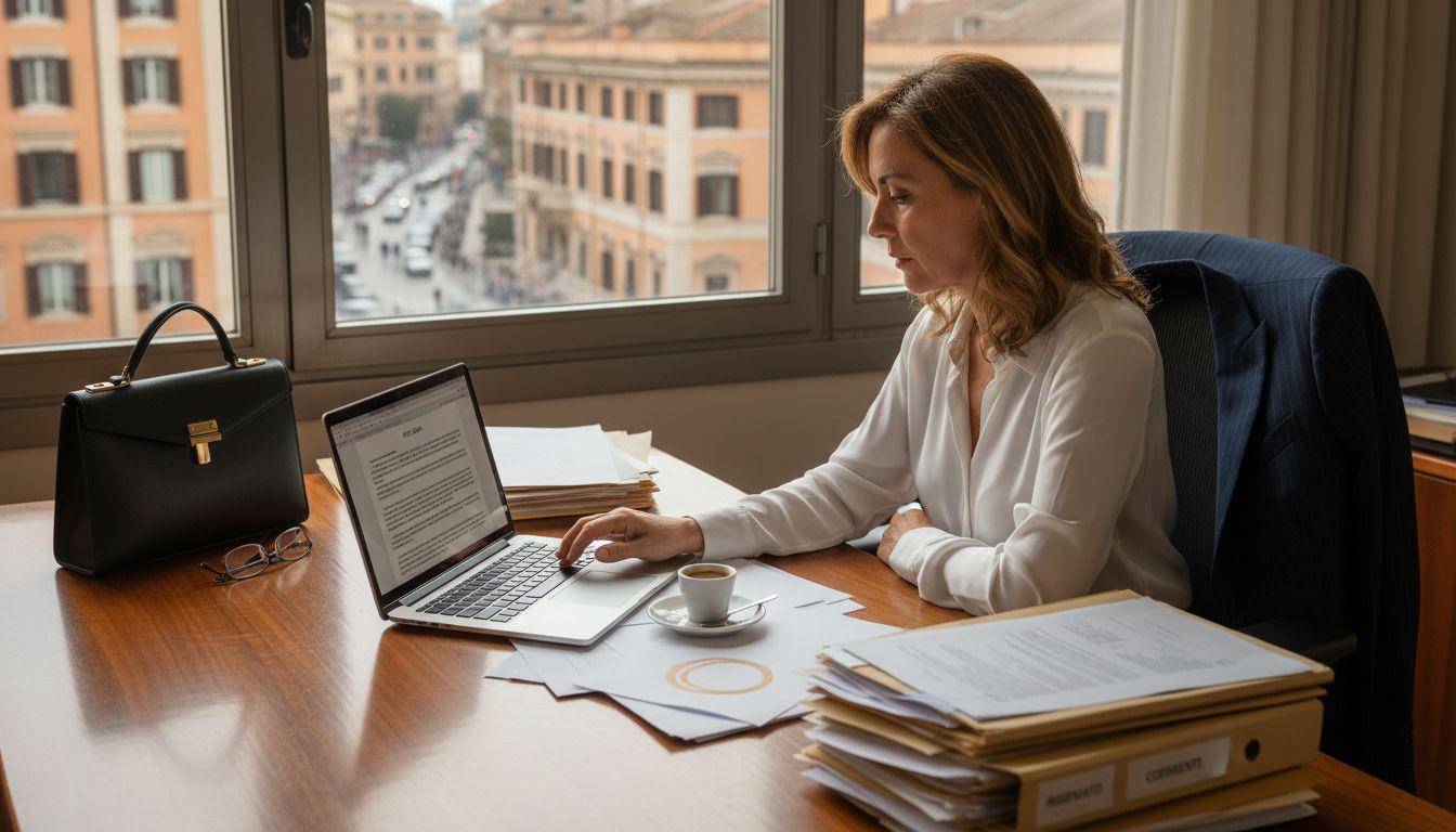 Imprenditrice al lavoro che analizza documenti relativi alla proprietà intellettuale sulla sua scrivania