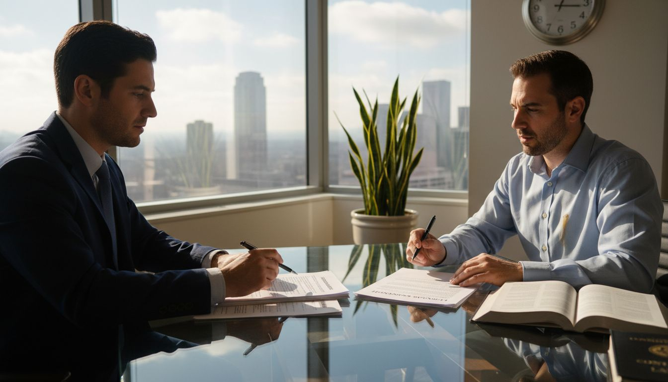 Professionals review licensing agreement in office