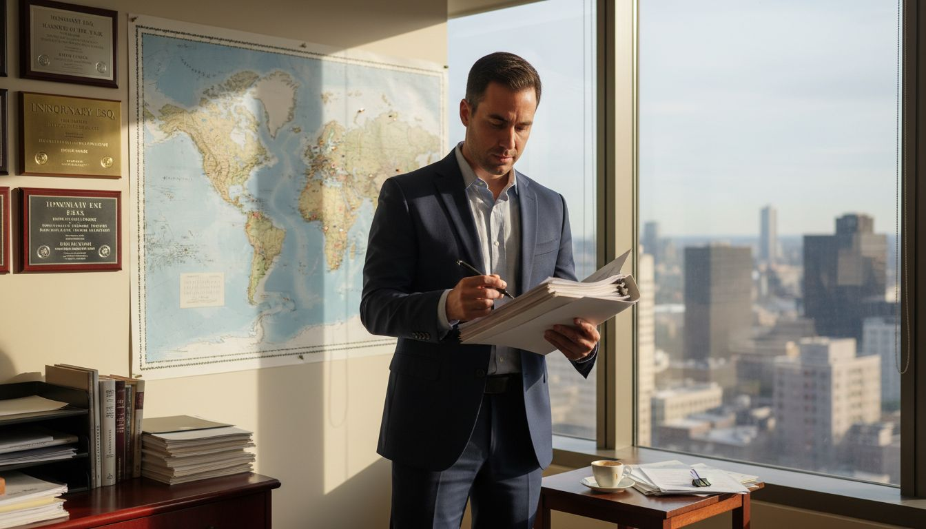 Attorney reviewing patents in corner office