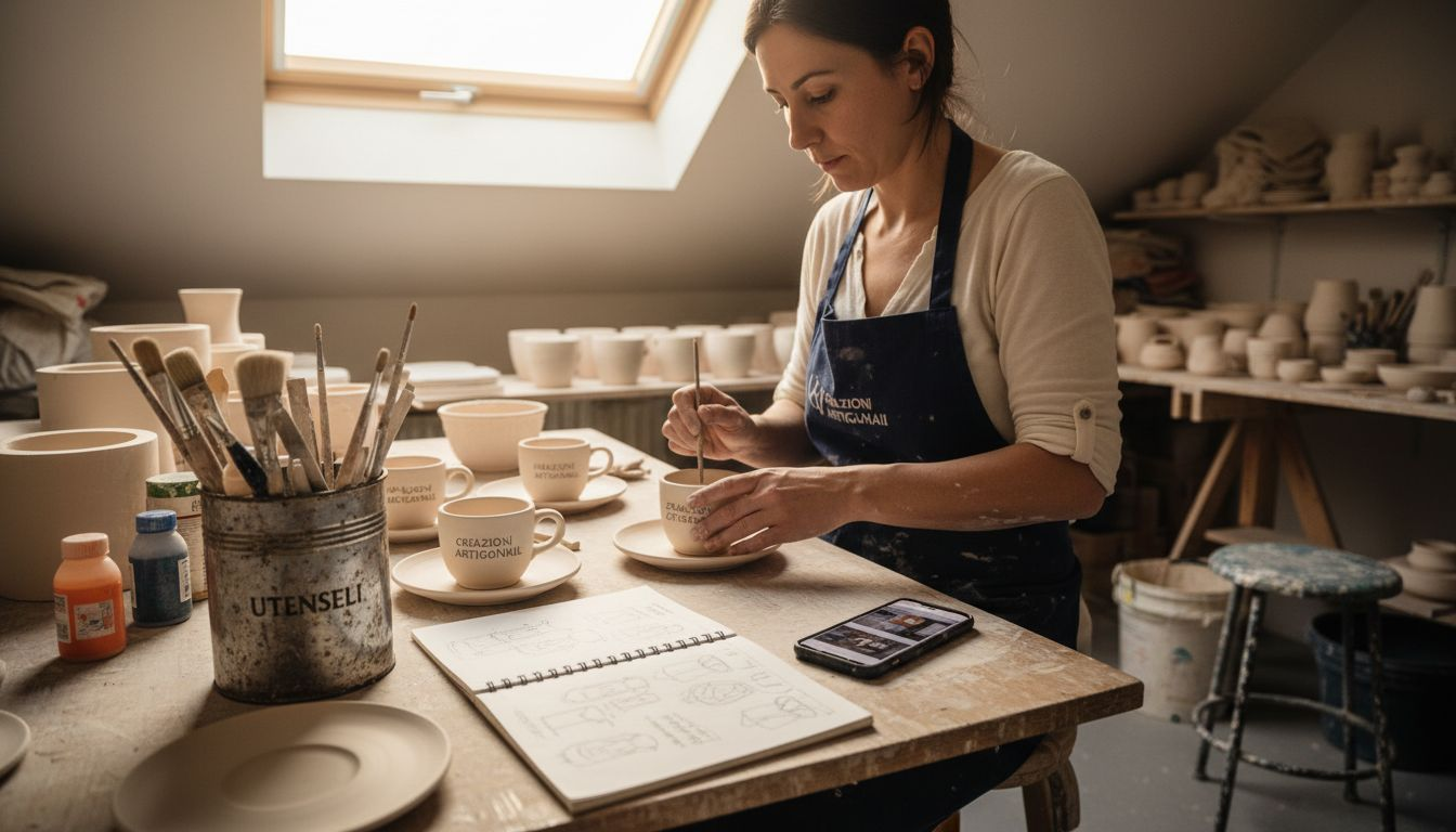 Artigiano all’opera nel suo laboratorio mentre realizza prodotti personalizzati con il proprio marchio.