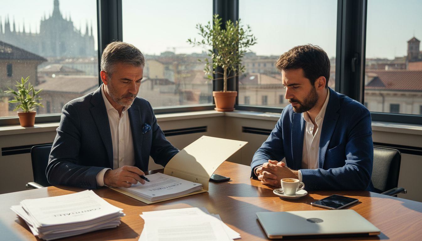Consulente legale che analizza la documentazione insieme al titolare dell’azienda