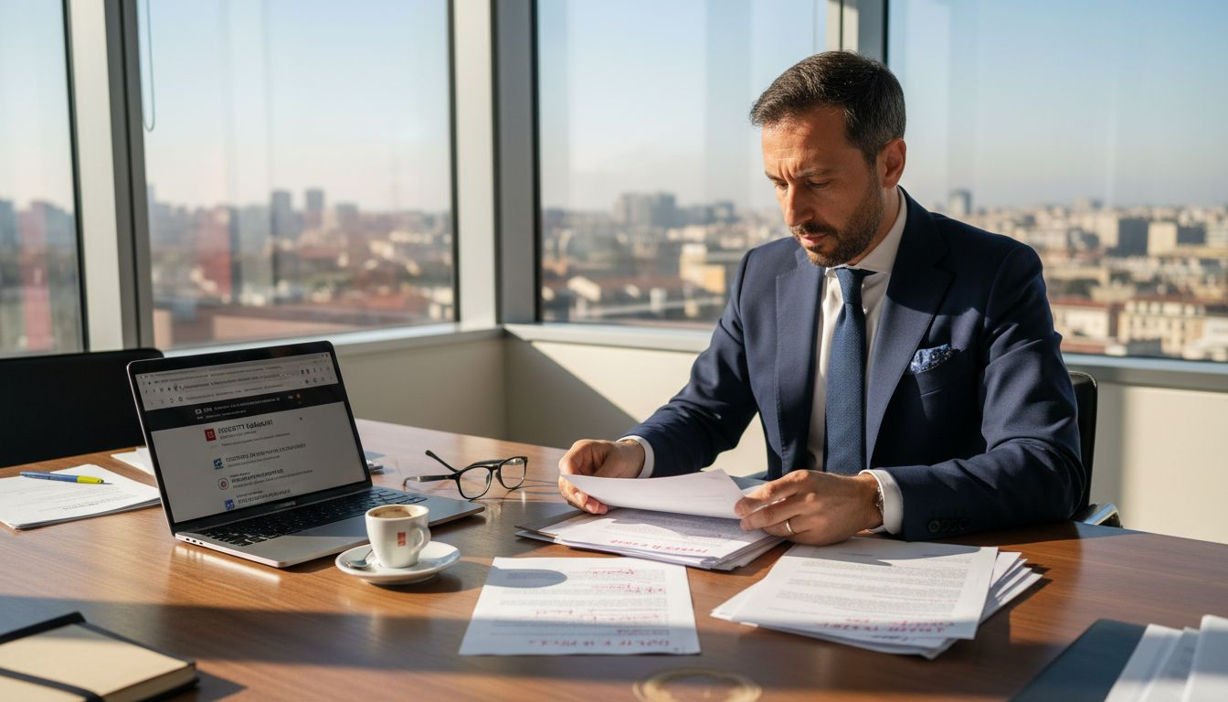 Imprenditore al lavoro in ufficio mentre esamina la documentazione relativa ai marchi registrati.